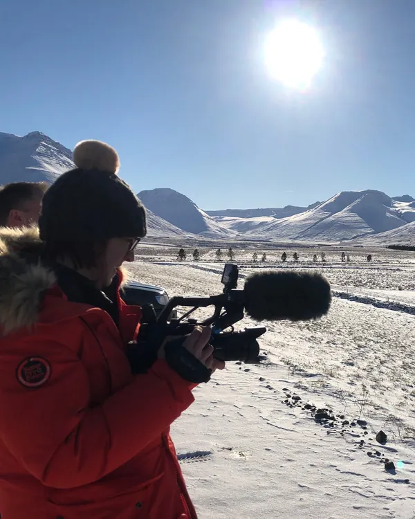 Philippa filming in the snow in Iceland